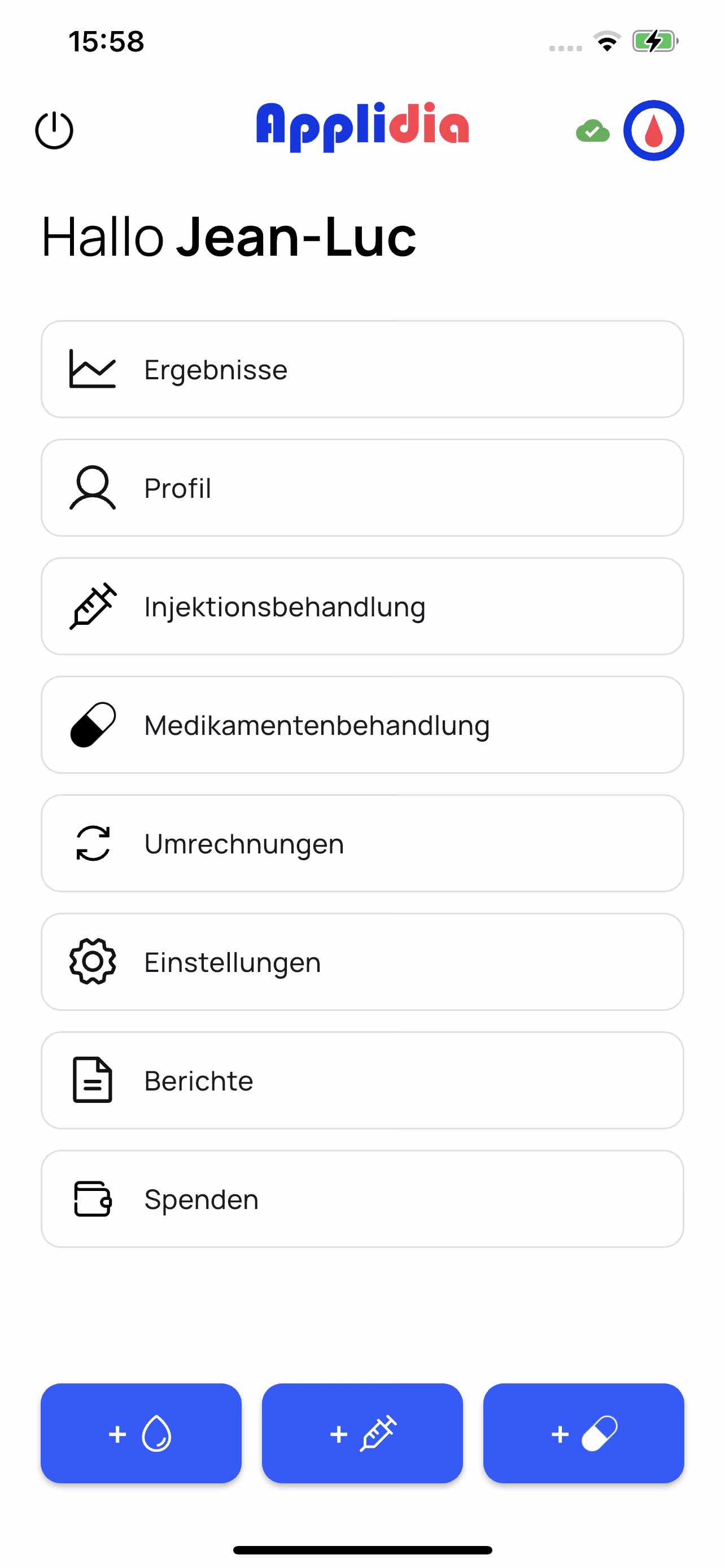 Applidia Startbildschirm: Blutzucker, Injektionen und Medikamente mit einem Tipp