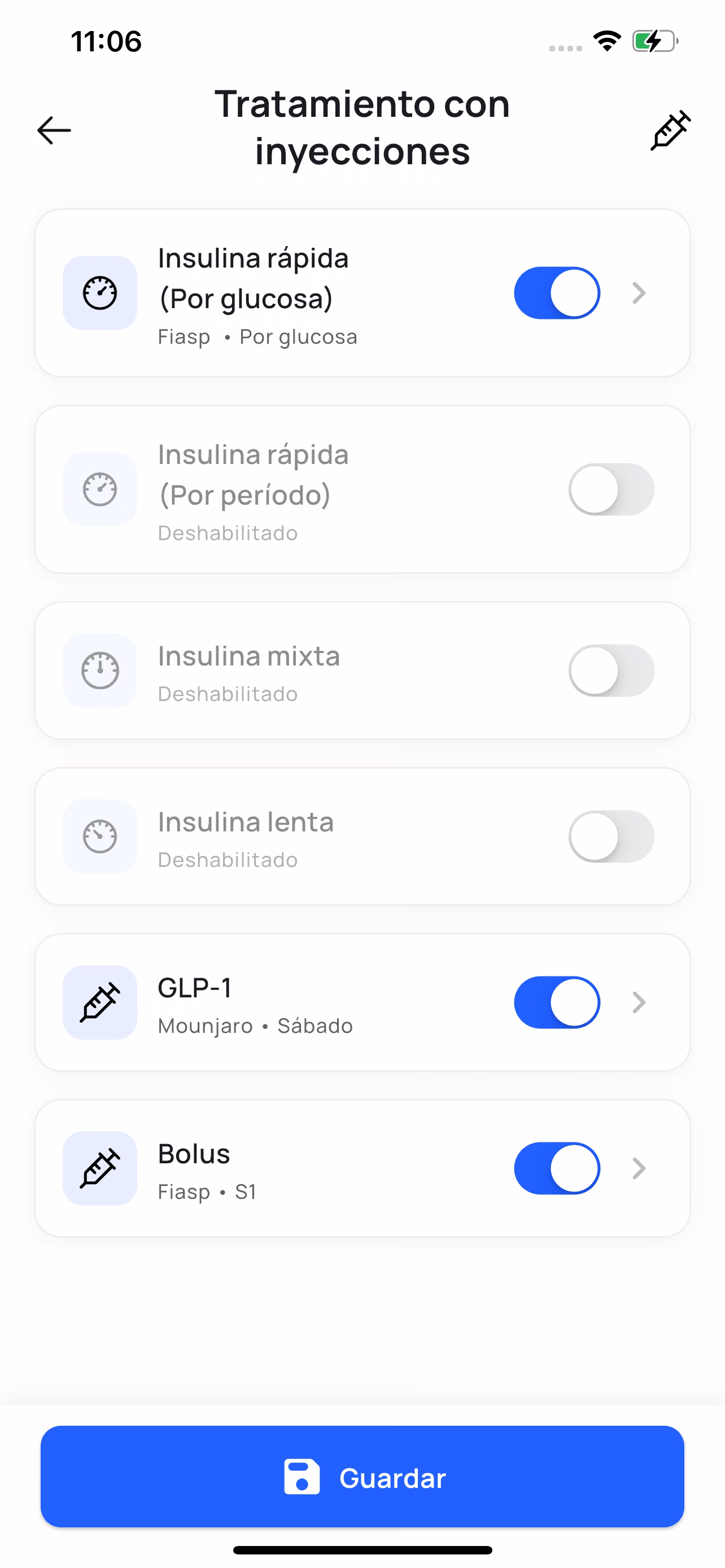 Pantalla de configuración del tratamiento en Applidia: insulina rápida, lenta y mixta, y GLP-1