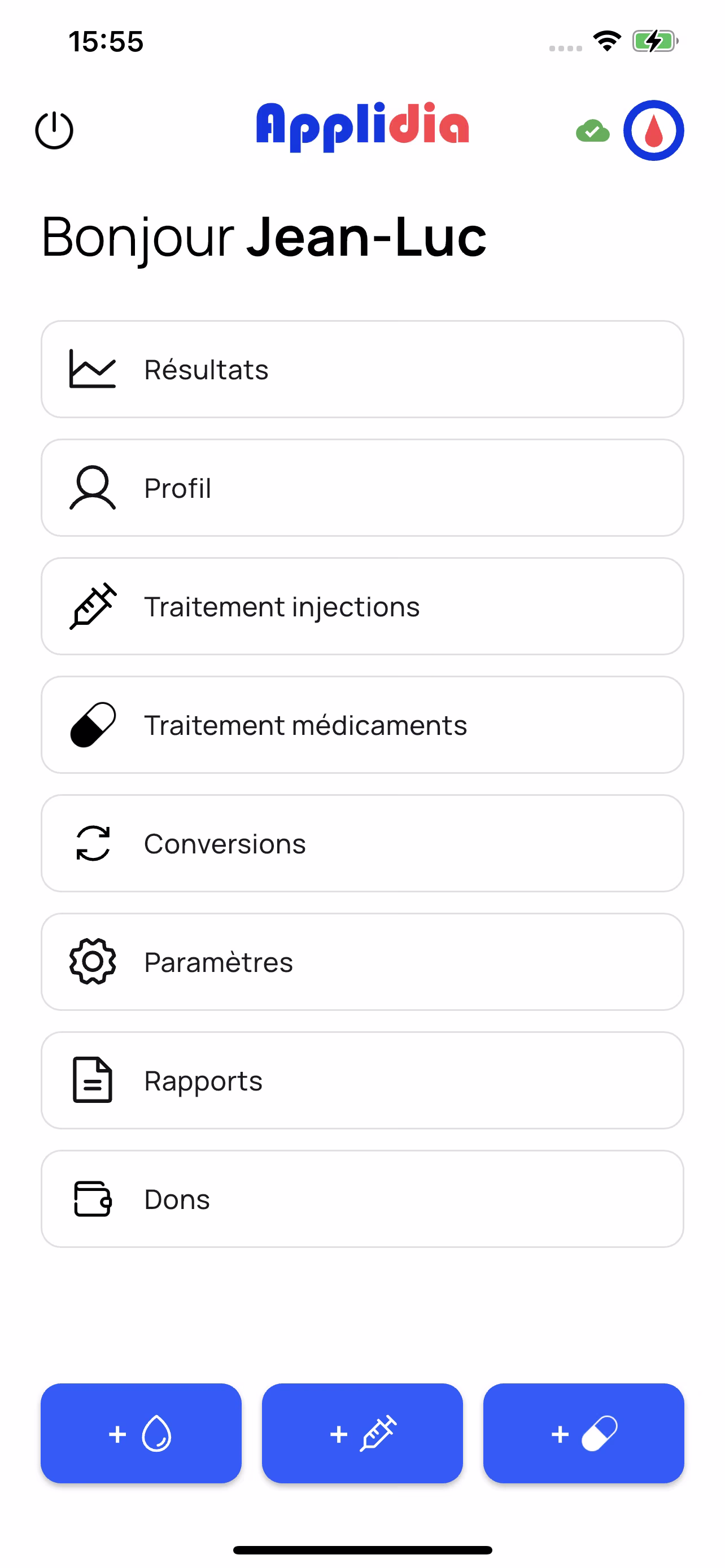 Écran d'accueil d'Applidia : glycémies, injections et médicaments en un tap