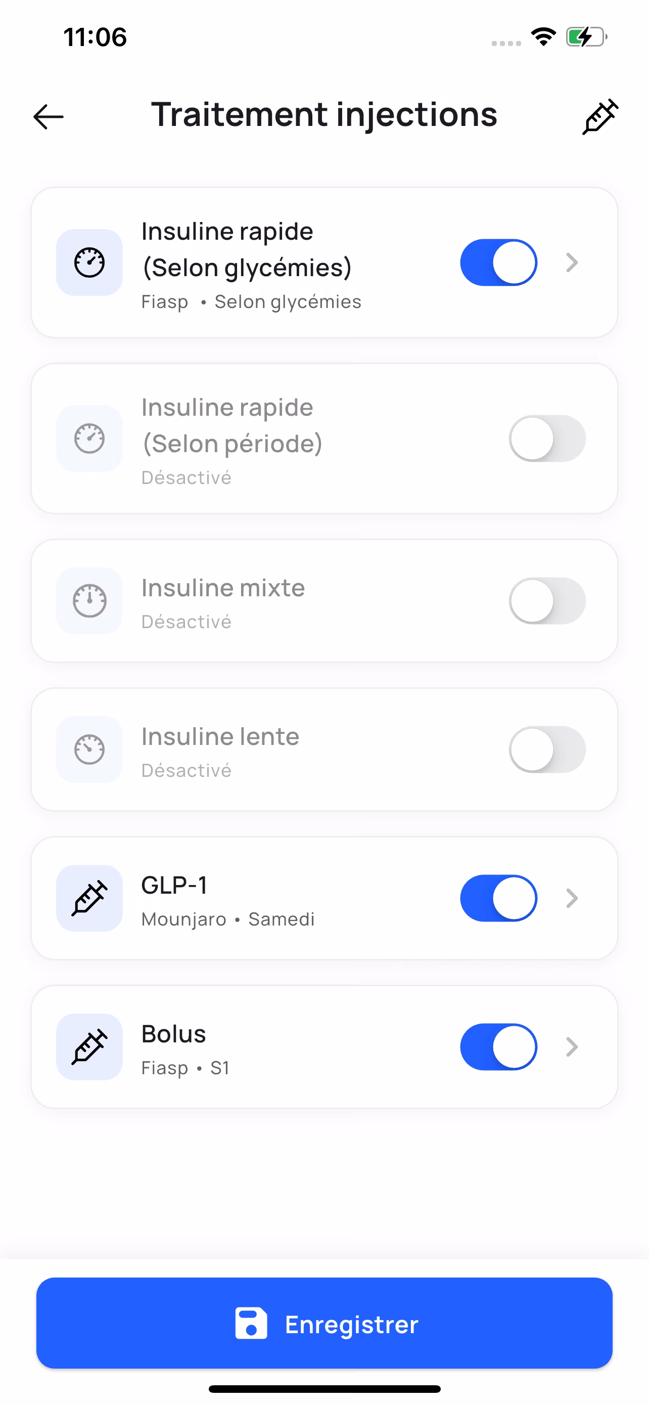 Écran de configuration du traitement dans Applidia : insuline rapide, lente, mixte et GLP-1