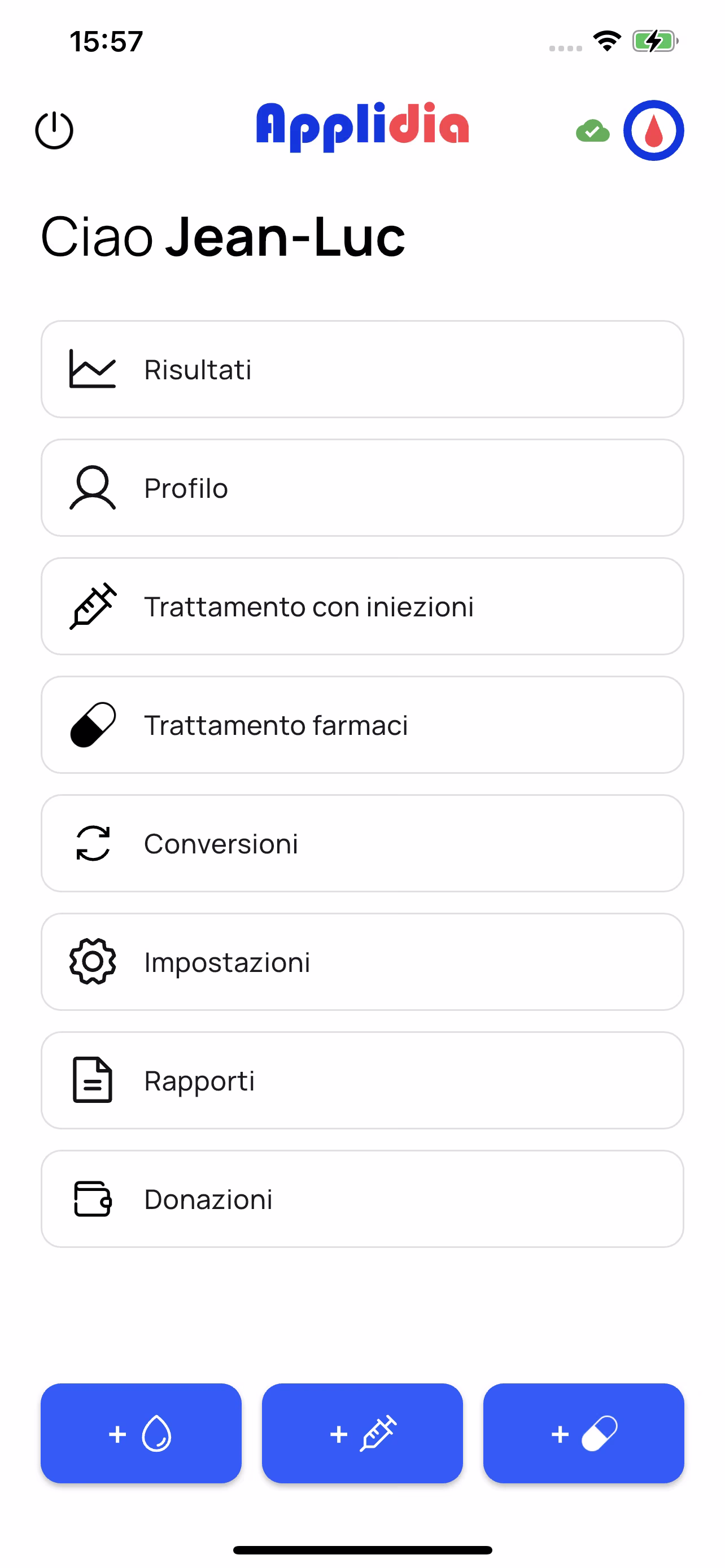Schermata iniziale di Applidia: glicemie, iniezioni e farmaci a portata di tap