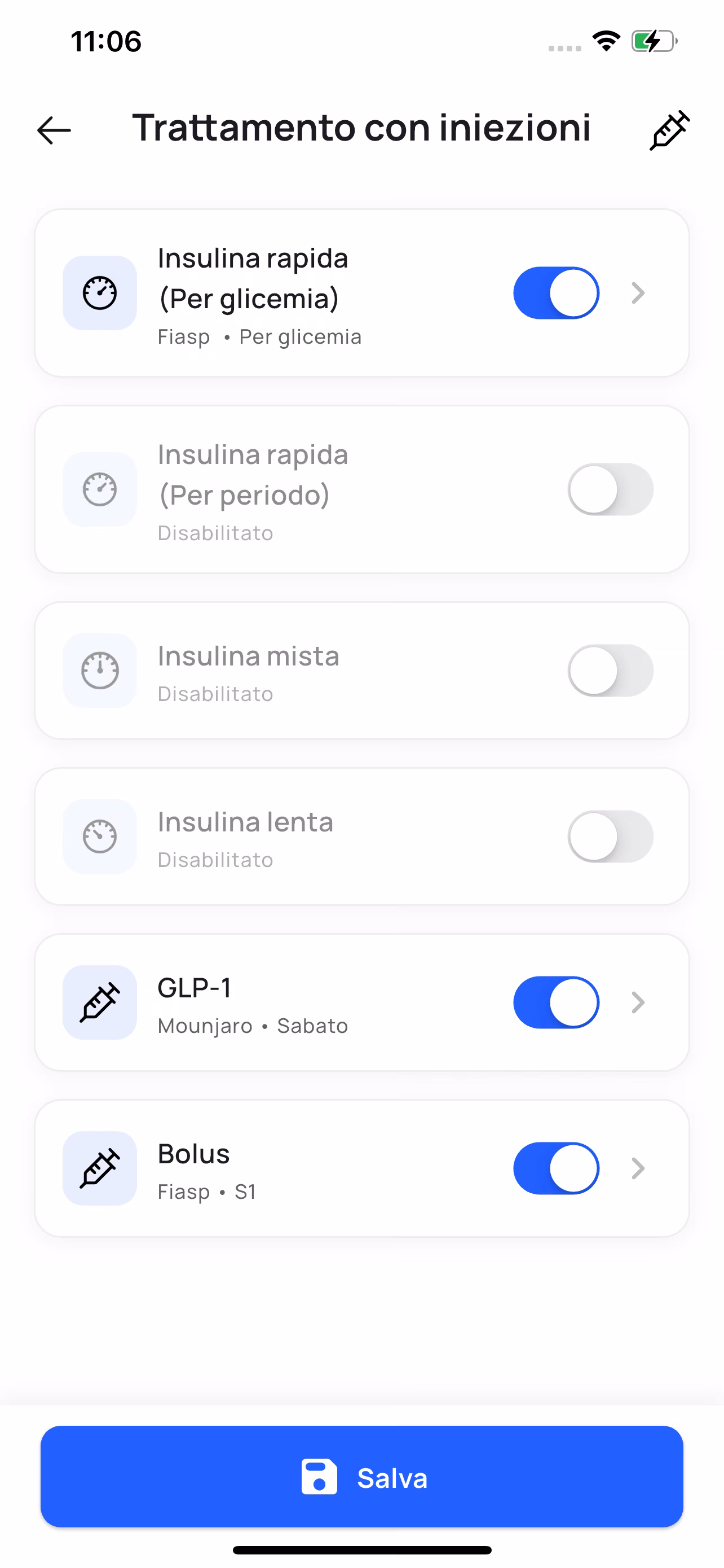 Schermata di configurazione della terapia in Applidia: insulina rapida, lenta e mista, e GLP-1