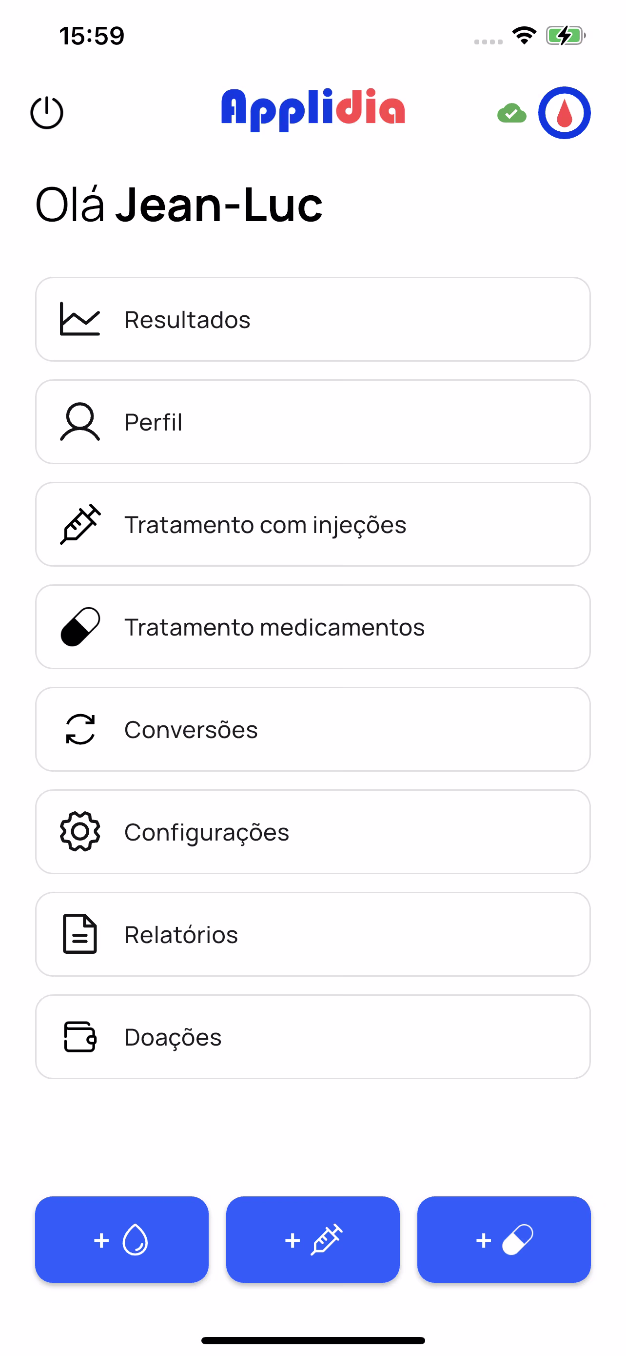 Ecrã inicial do Applidia: glicemias, injeções e medicamentos a um toque