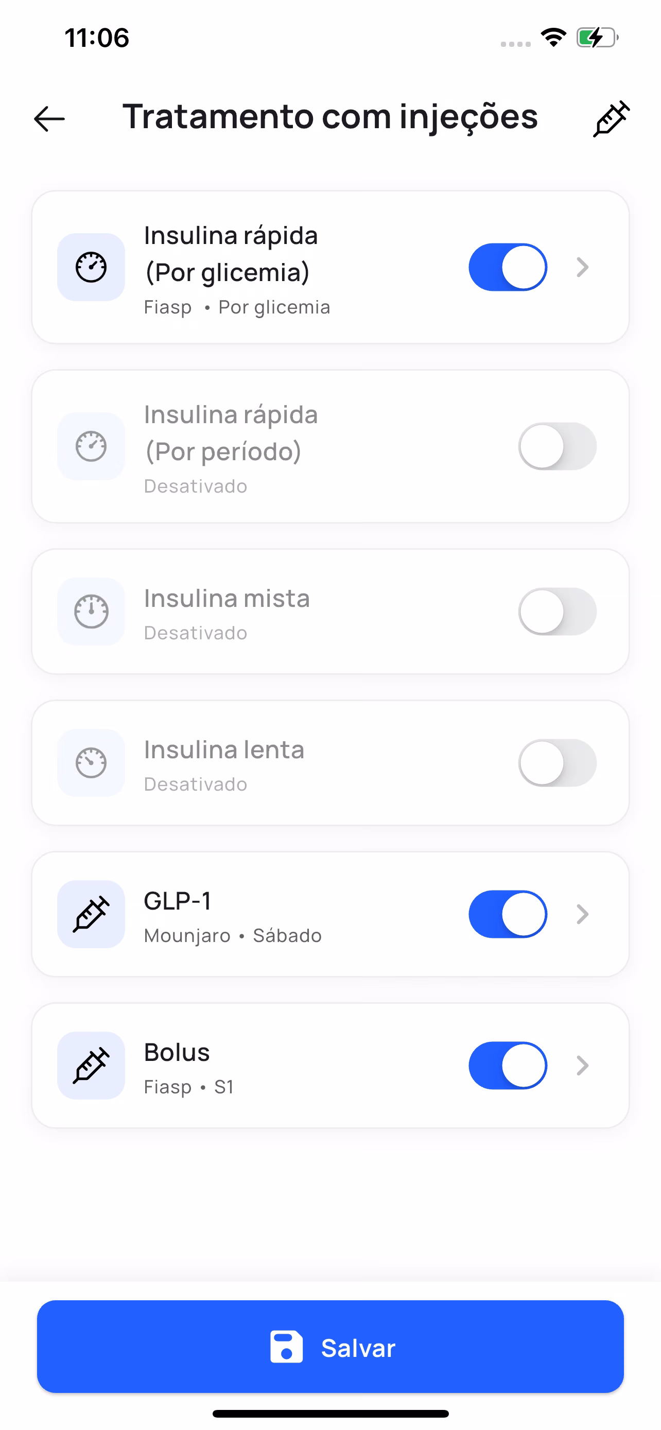 Ecrã de configuração do tratamento no Applidia: insulina rápida, lenta e mista, e GLP-1