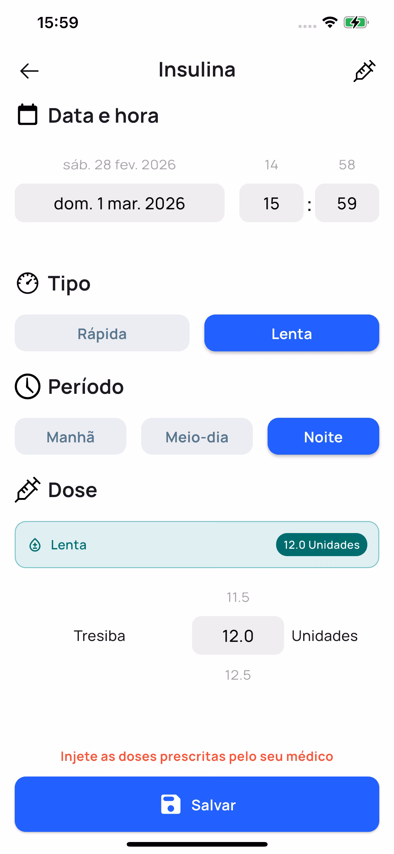 Ecrã de registo de insulina no Applidia: tipo, período e unidades