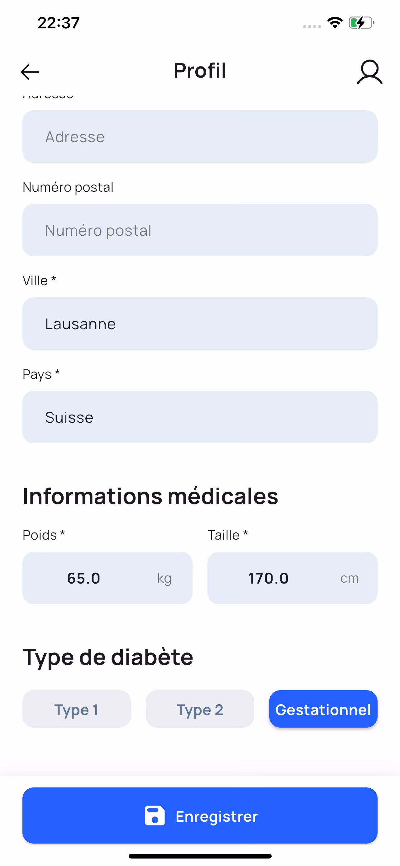 Selecting the "gestational diabetes" profile in Applidia